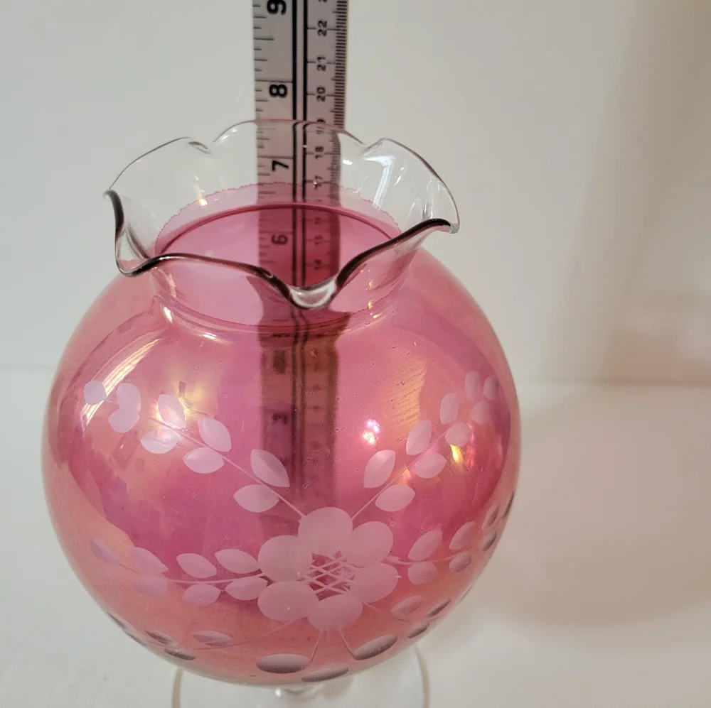 Vintage Cranberry Glass Etched Vase
